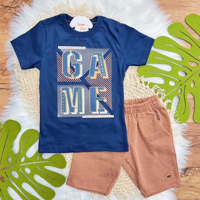 Conj. Camiseta Game Play e Bermuda - Azul Petróleo e Ferrugem